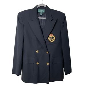 Lauren Ralph LRL Vintage Women's Black Wool Crested Blazer Jacket Gold Size 8